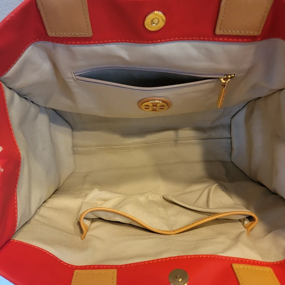 Tory Burch Red and Tan Vegan Leather Ella Tote Bag with Signature Medallion - Picture 12 of 12